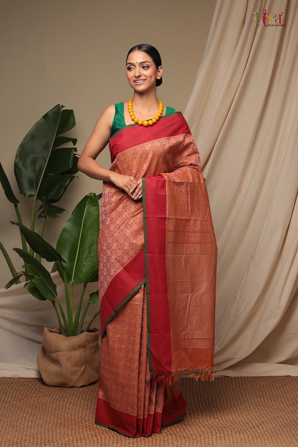 Handloom Light Coral Red Pure Cotton Kanchi Saree