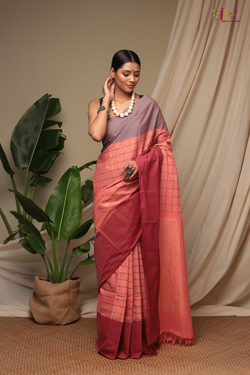 Handloom Salmon Pink Pure Cotton Kanchi Contemporary Saree