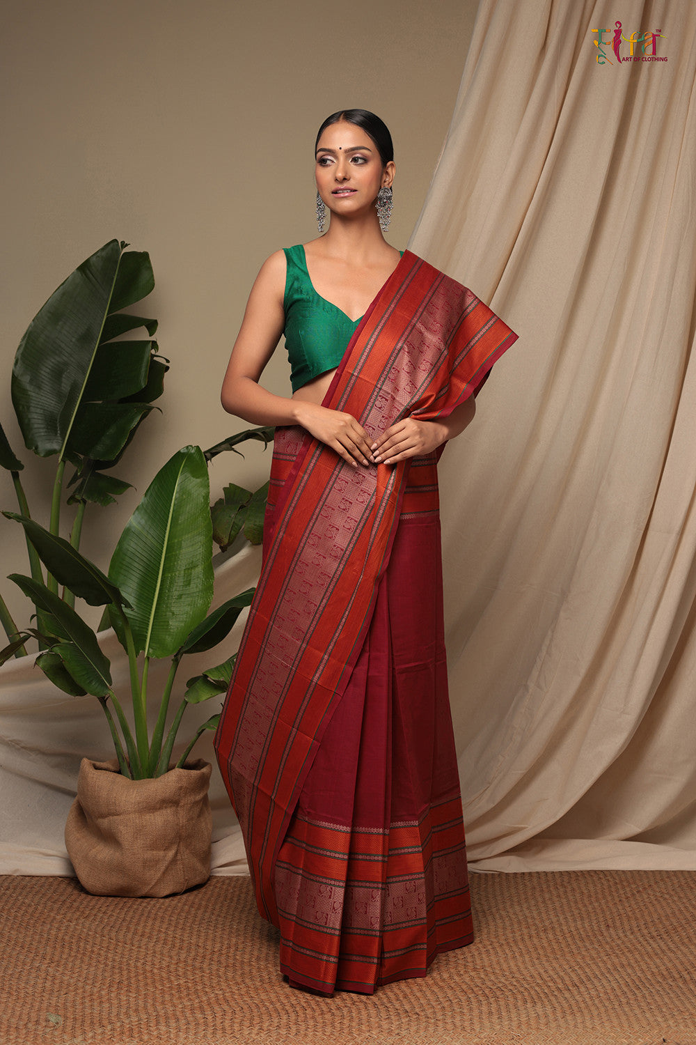 Fire Brick Red Handloom Pure Cotton Kanchi Saree With Generous Border