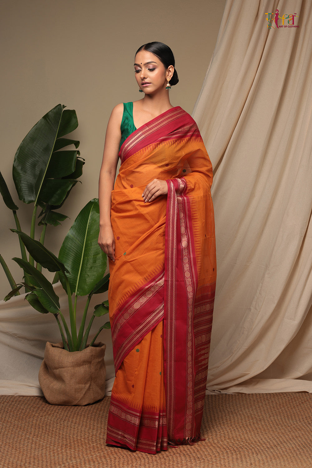 Handloom Metallic Orange Pure Cotton Kanchi Saree