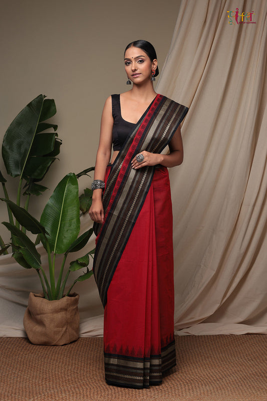 Handloom Chilli Red Pure Cotton Kanchi Saree