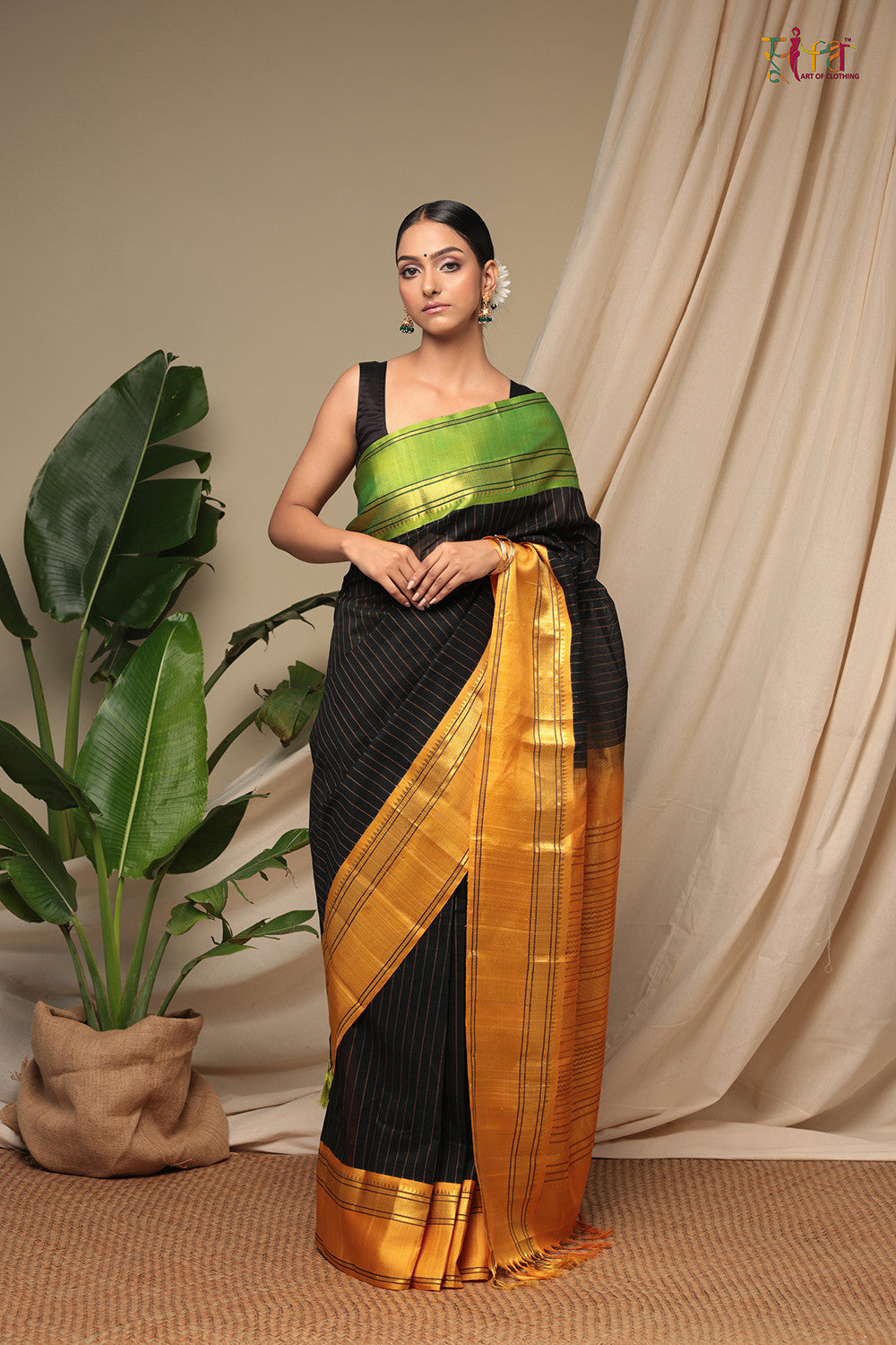 Handloom Black Pure Cotton Kanchi Saree With Pure Silk Border & Pallu