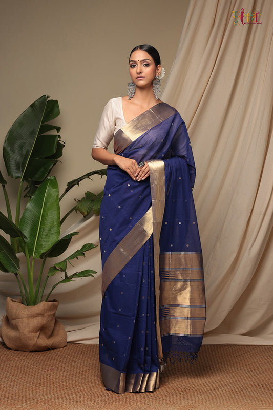 Handloom Berry Blue Pure Cotton Kanchi  Contemporary Saree With Golden Zari Motifs & Border