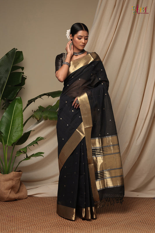 Handloom Ink Black Pure Cotton Kanchi Contemporary Saree With Golden Zari Motifs & Border