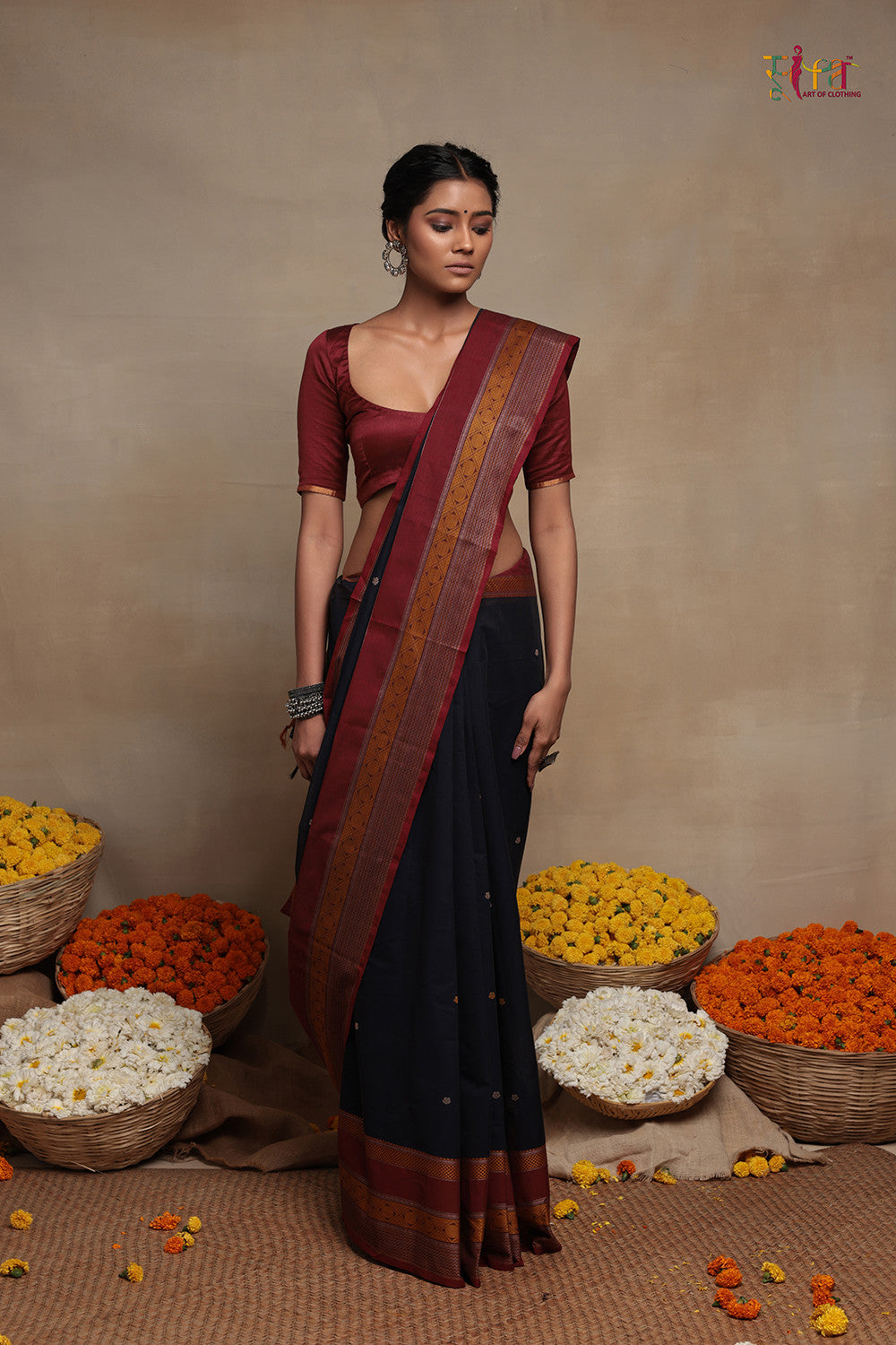 Handloom Navy Blue Pure Cotton Kanchi Contemporary Saree