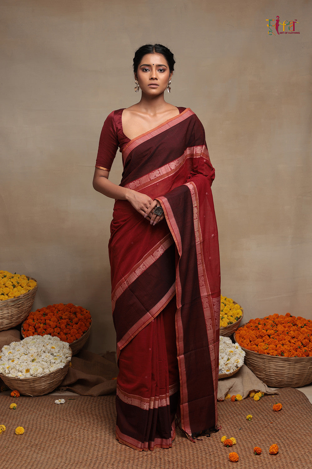 Handloom Mahogany Red Pure Cotton Kanchi Saree