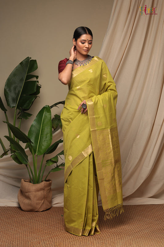 Handloom Lime Green Pure Cotton Kanchi Saree with Zari Border and Motifs