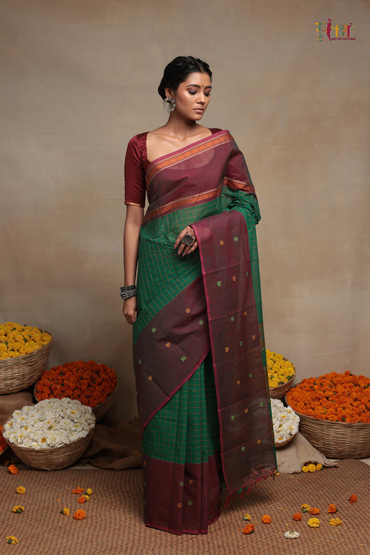 Handloom Green And Brown Pure Cotton Kanchi Saree