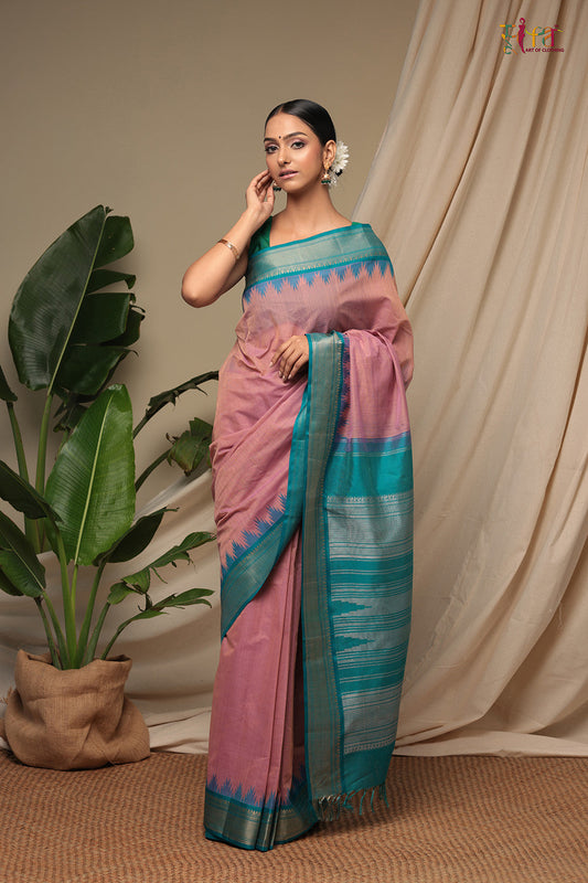 Handloom Salmon Pink Pure Cotton Kanchi Saree With Pure Silk Border And Pallu