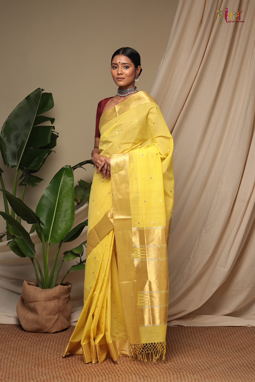 Handloom Yellow Pure Cotton Kanchi  Contemporary Saree With Golden Zari Motifs & Border