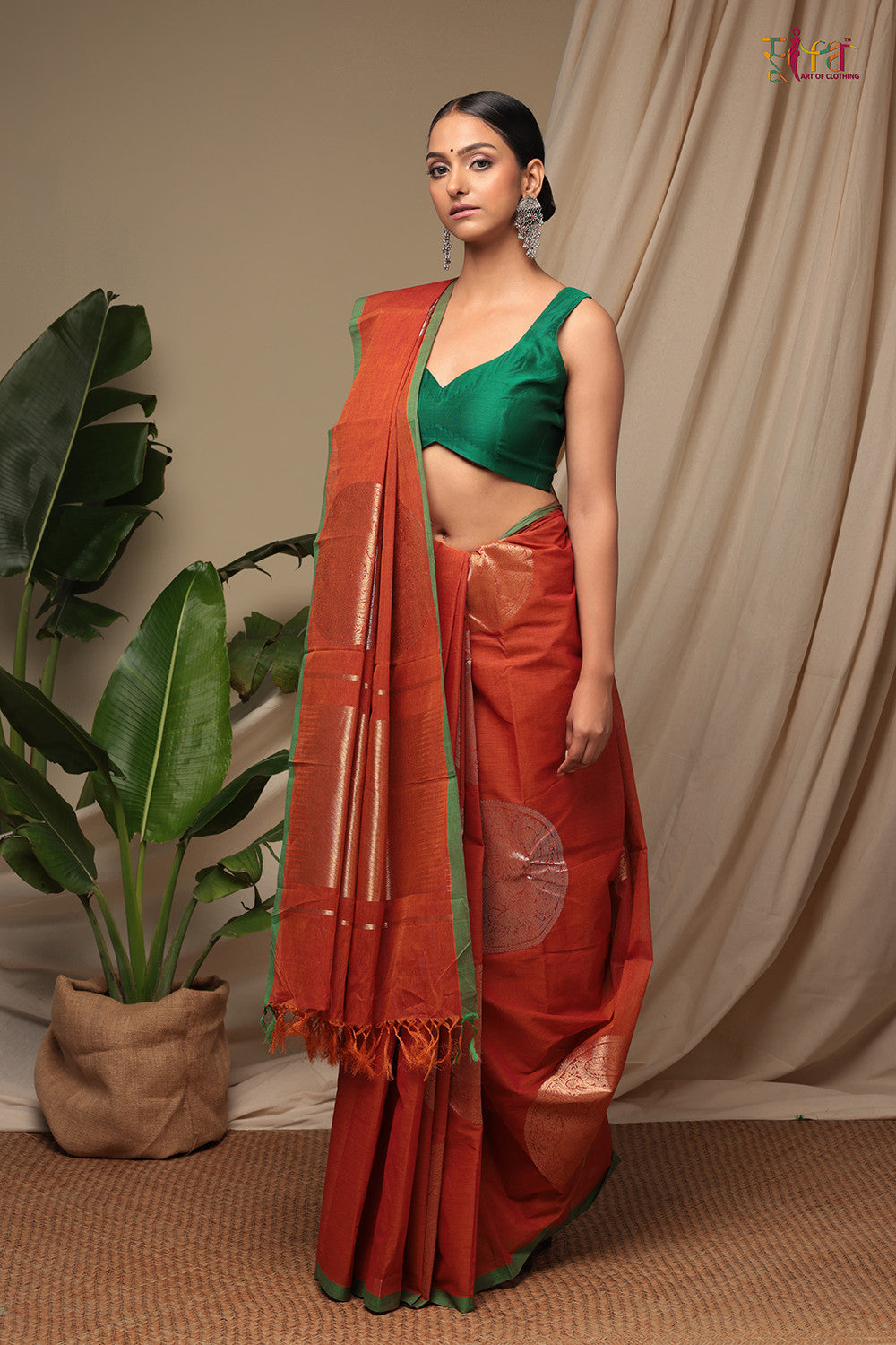 Handloom Marmalade Orange Pure Cotton Kanchi Saree With Gold Zari Motifs & Pallu