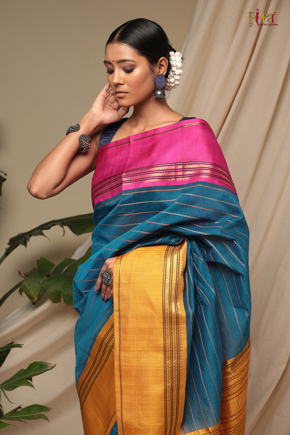 Teal Blue Handloom Pure Cotton Kanchi Saree With Pure Silk Border And Pallu