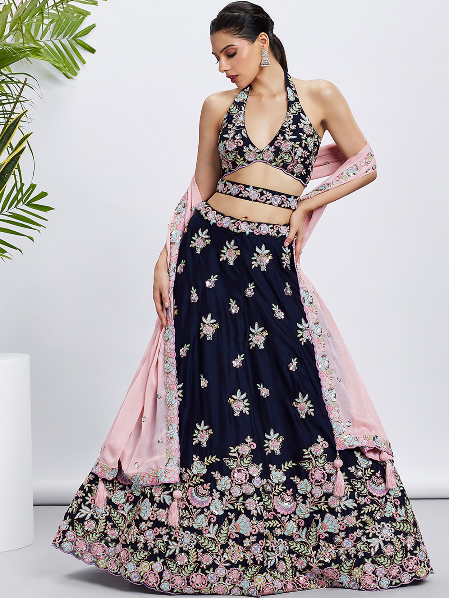 Navy blue Pure Georgette Sequins and thread embroidery Lehenga choli