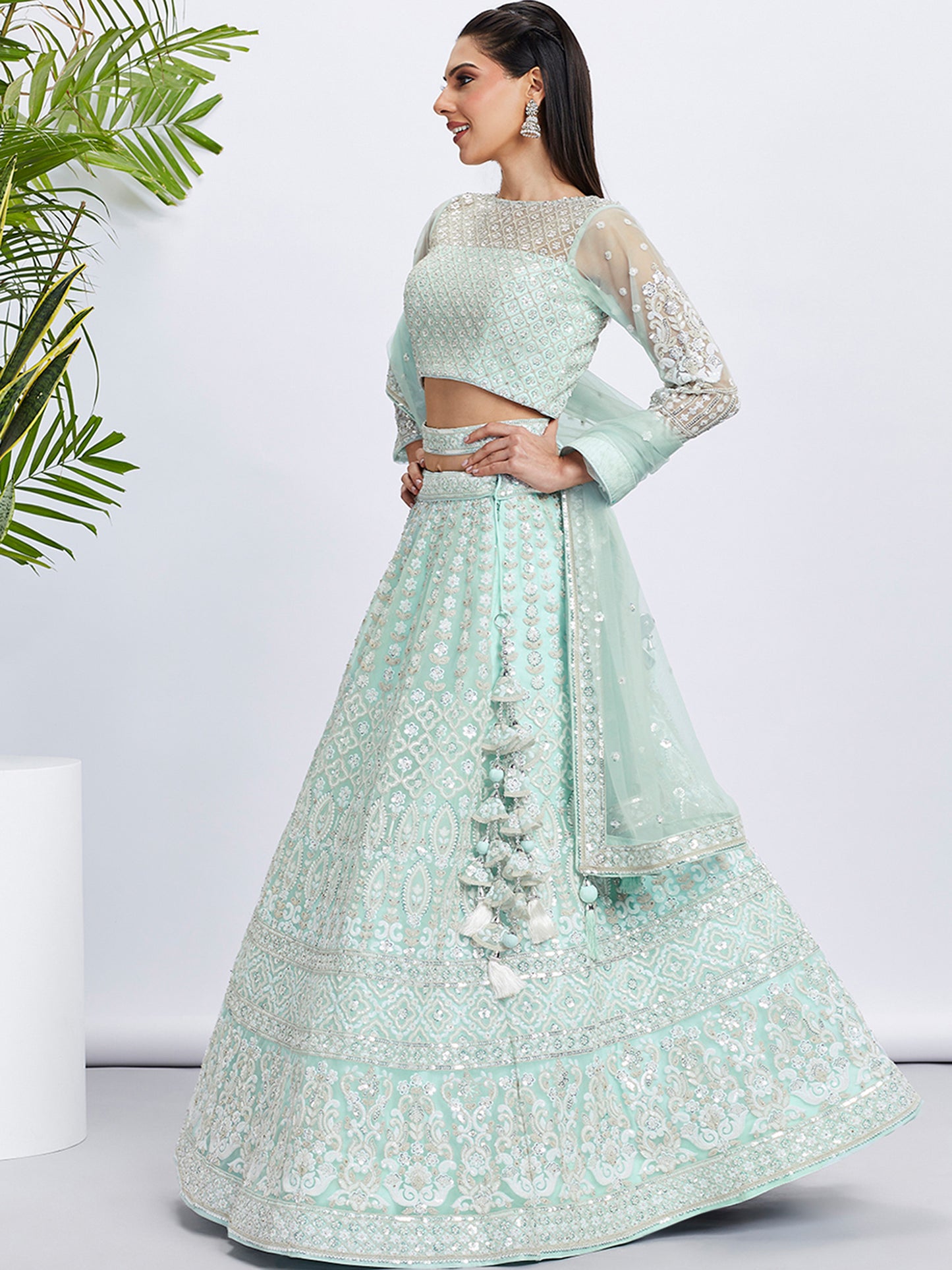 Turquoise blue Net Sequins and thread embroidery Lehenga choli