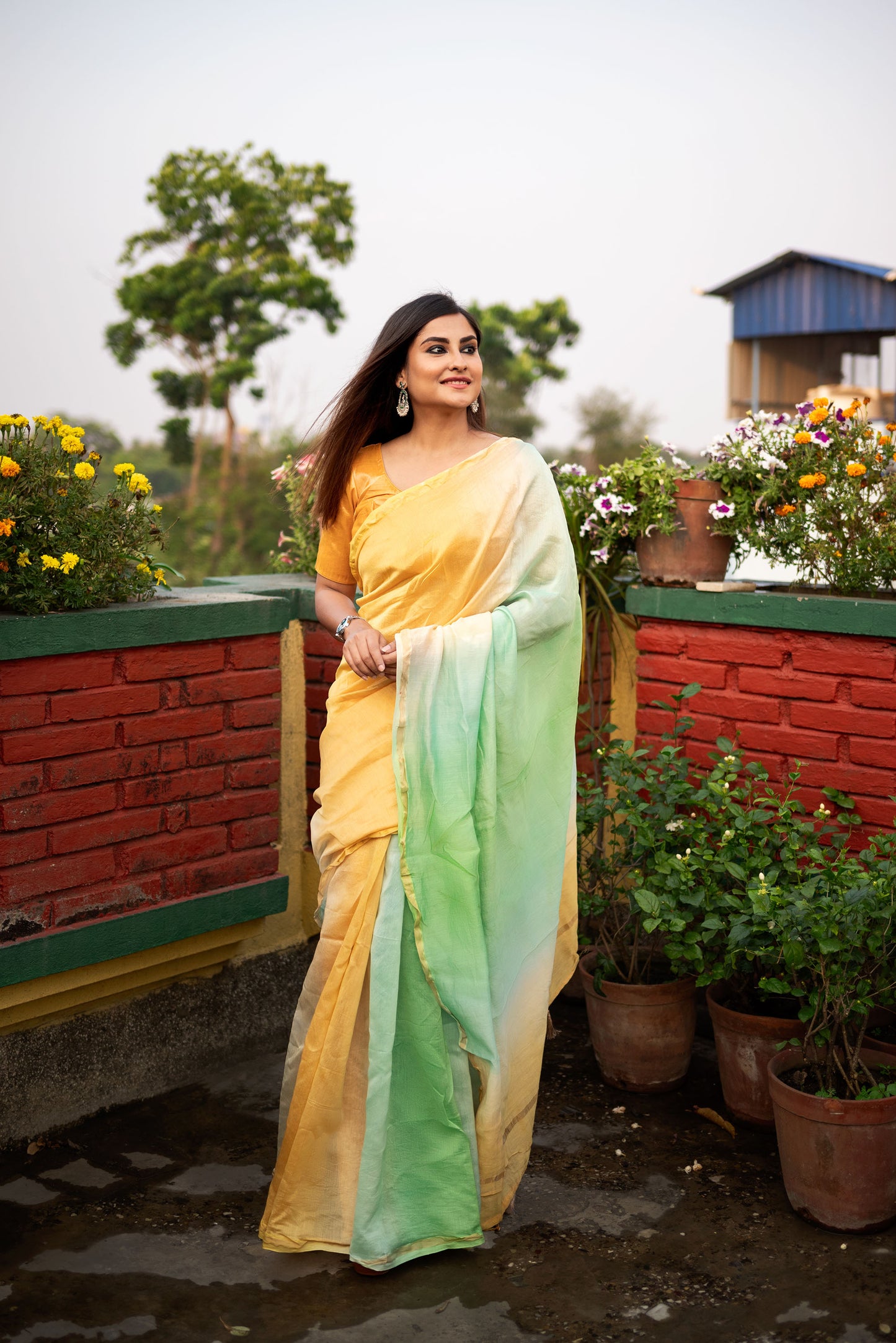 Green and Brown ombre chanderi silk saree