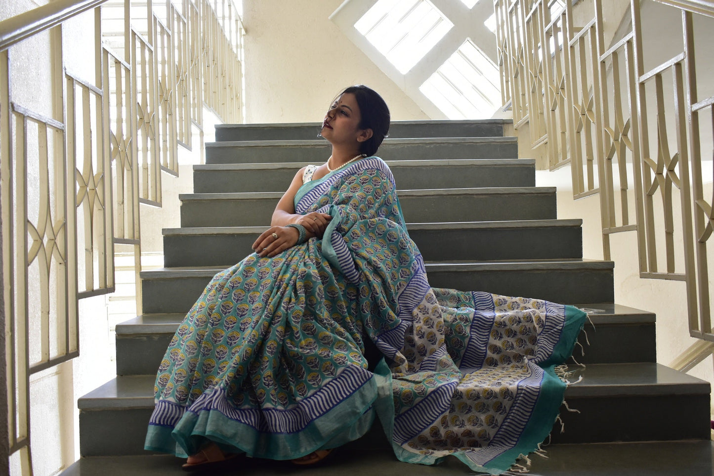 Aprajita - Blue Handblock Print Natural Dyed - Linen Cotton Saree