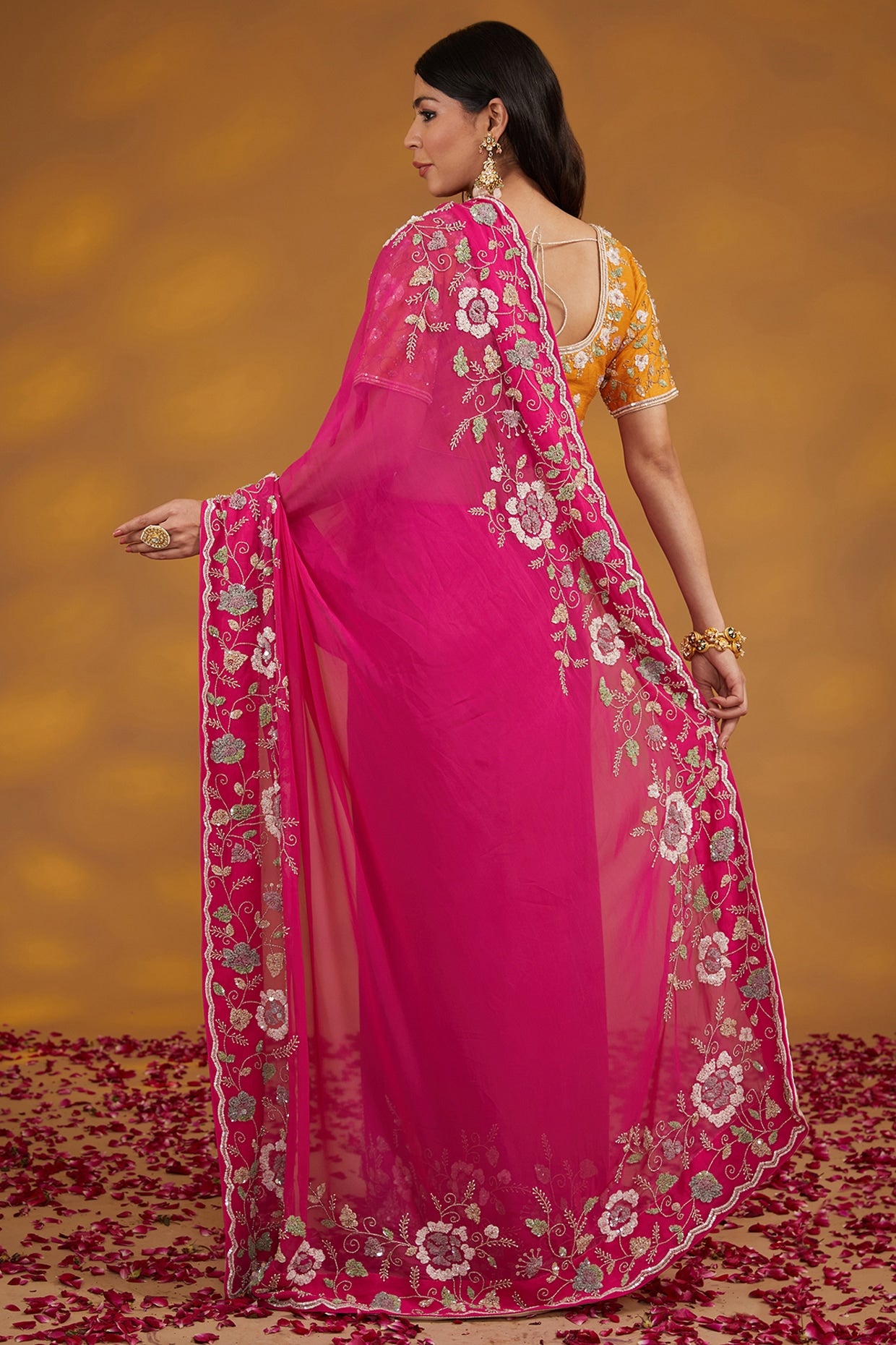 Pink Georgette Hand Embroidered Saree Set