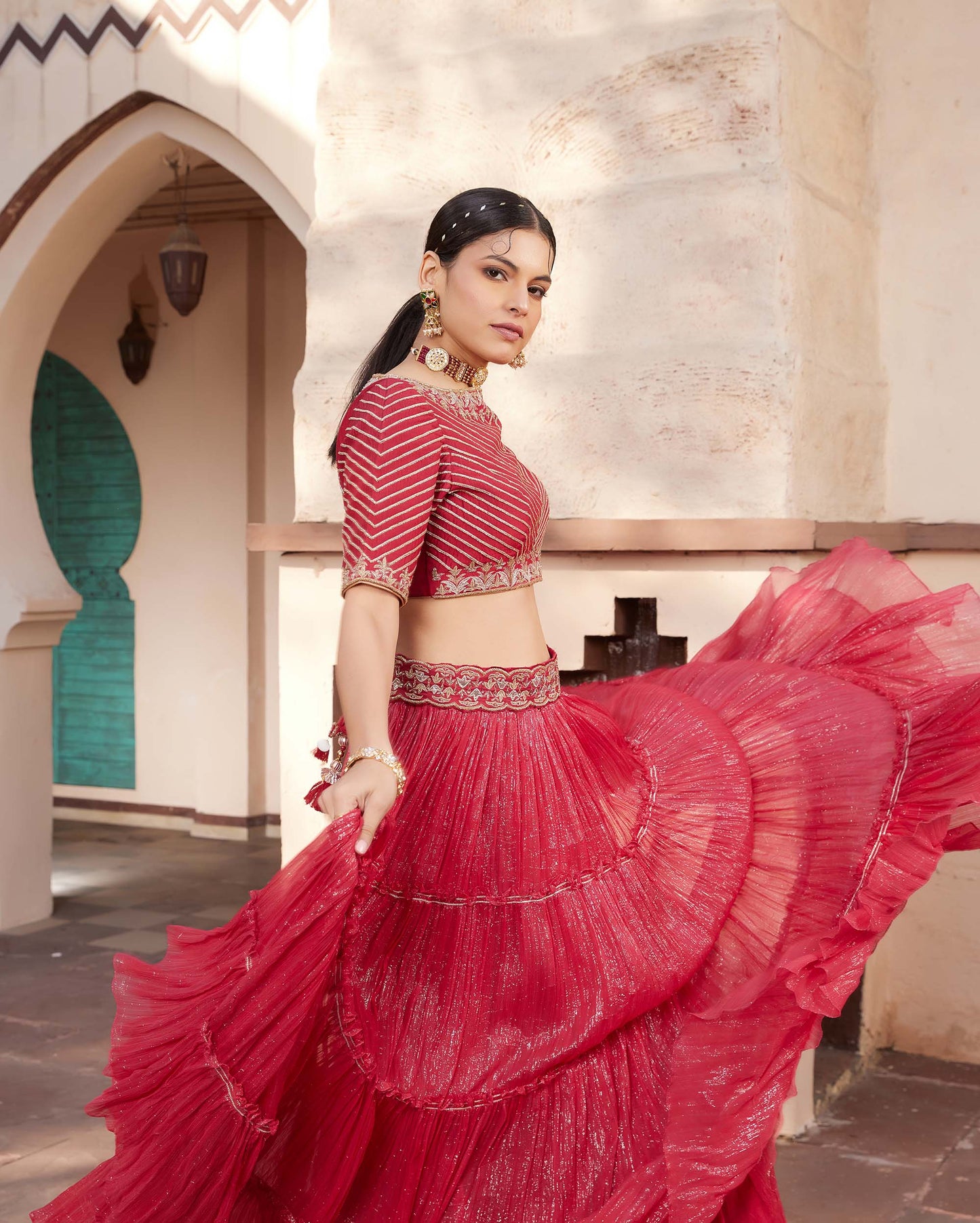 Mughal Red Raw Silk Hand Embroidered Lehenga