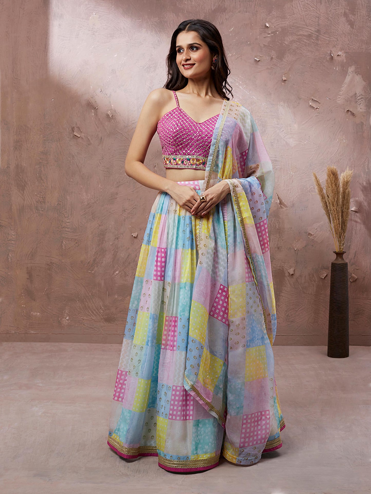 Multi color Organza Floral Printed Lehenga choli & Dupatta