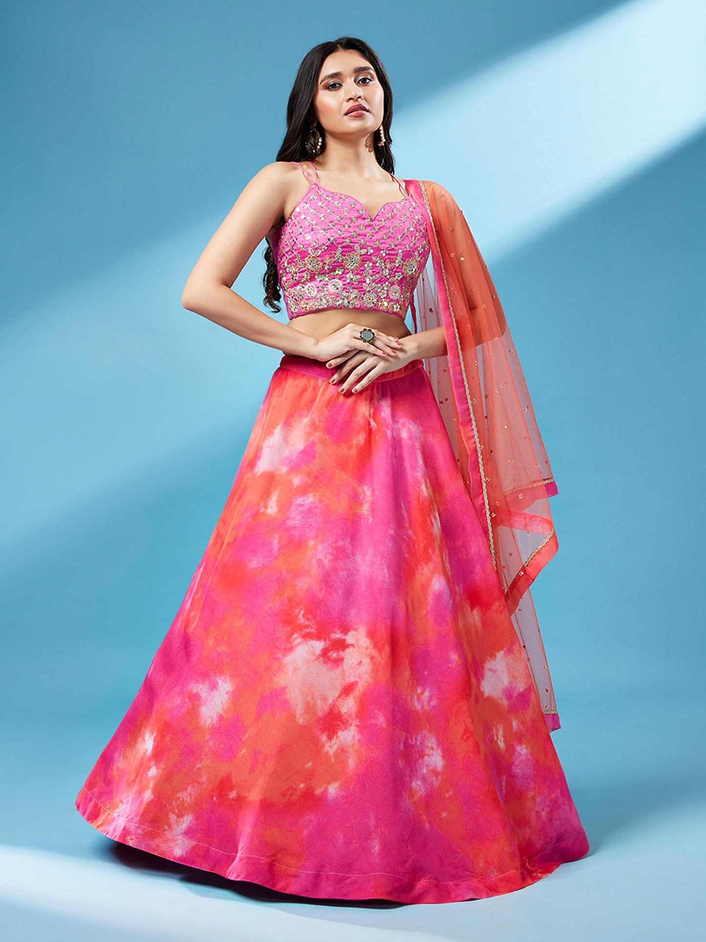 Orange Organza Shibori Printed Lehenga choli & Dupatta