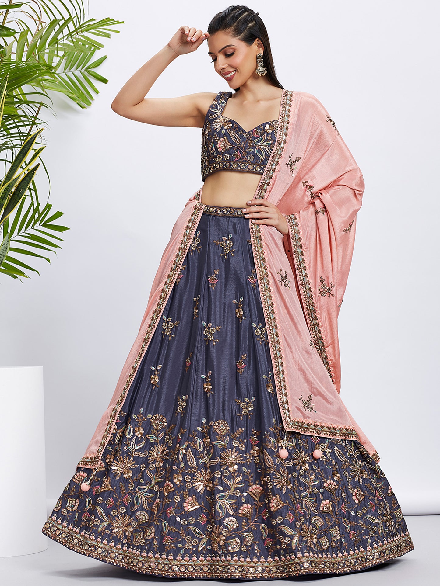 Violet Pure Chiffon Sequins and thread embroidery Lehenga choli & Dupatta