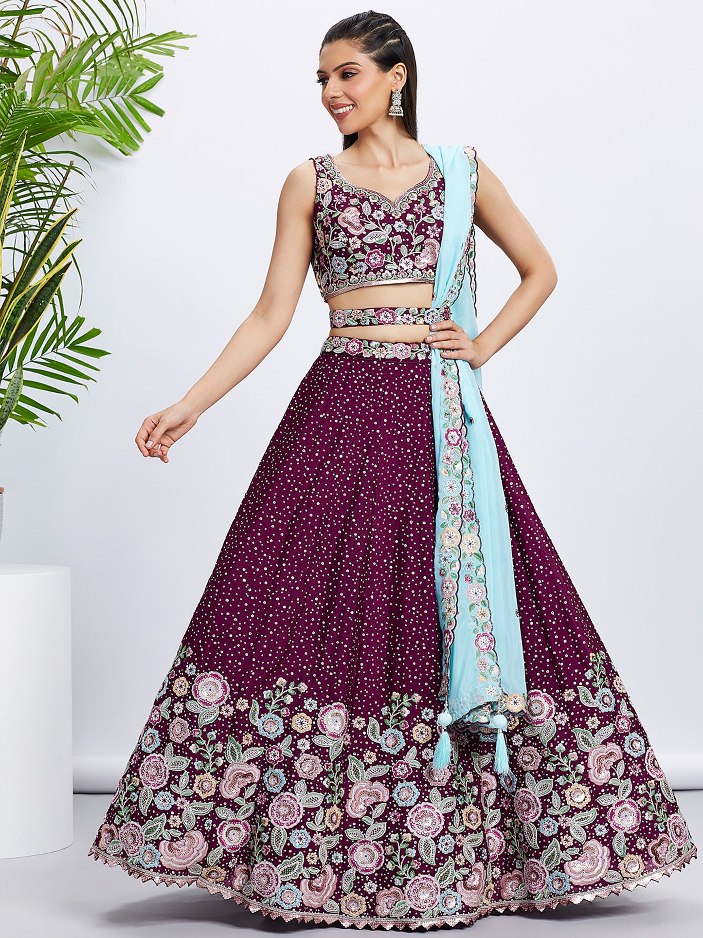 Burgundy Pure Chiffon Sequins and thread embroidery Lehenga choli