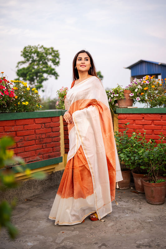 Brown and White ombre chanderi silk saree