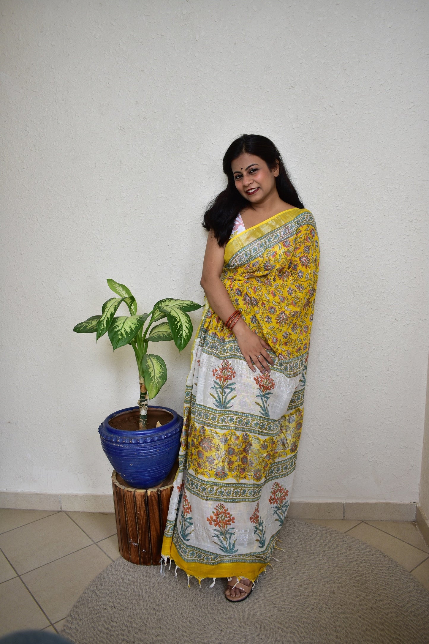 Marigold - White and Yellow Handblock Print Natural Dyed - Linen Cotton Saree