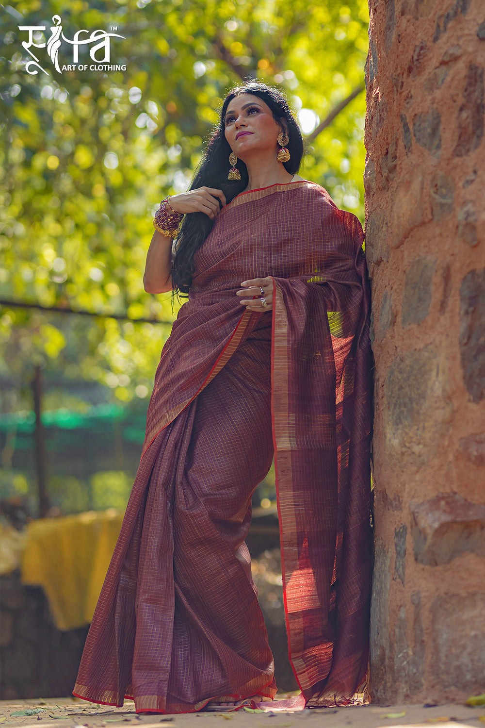 Handloom Maroon Bhagalpur Silk Saree With Gold Zari Checks