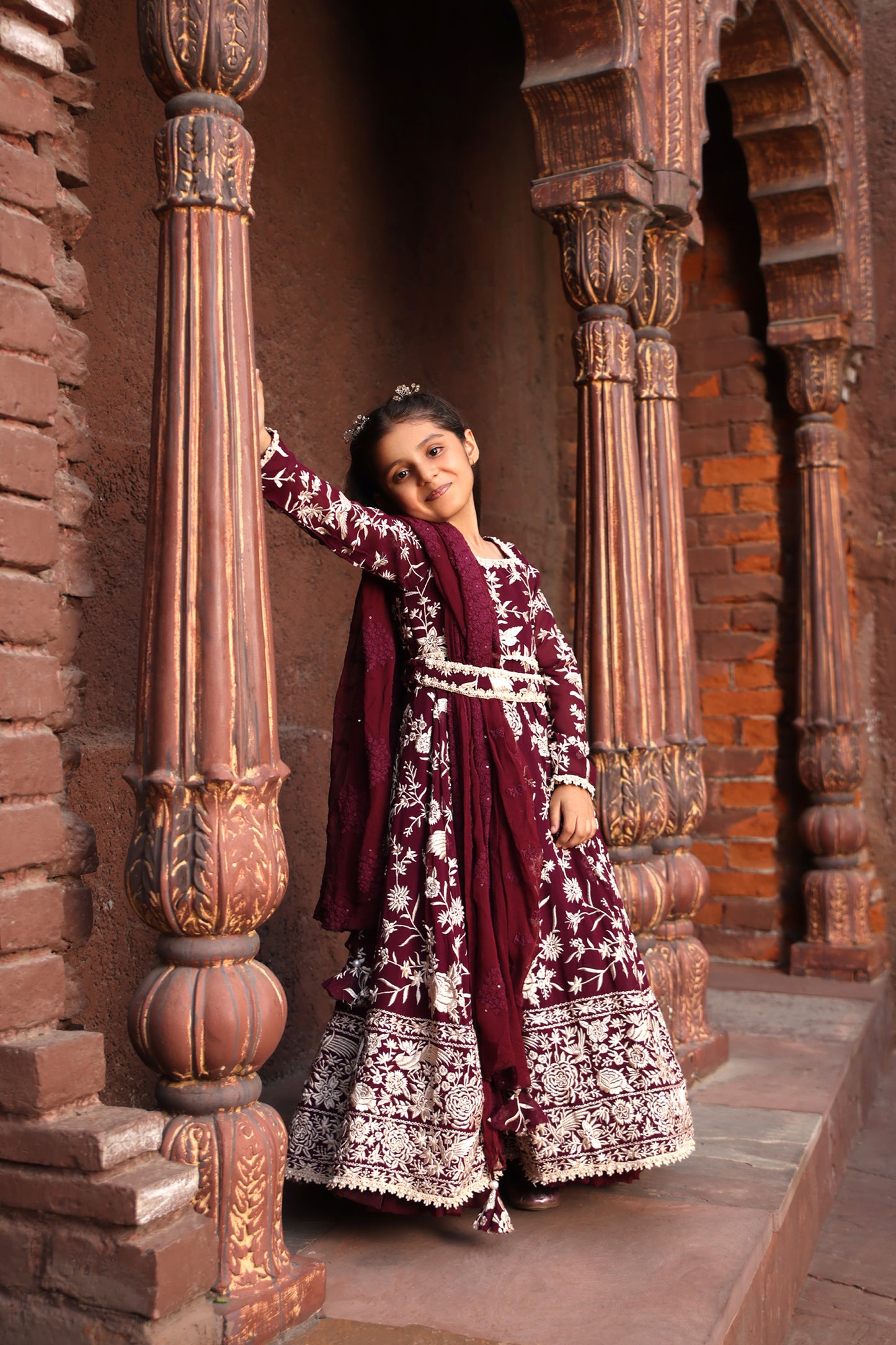 Burgundy Parsi work Anarkali