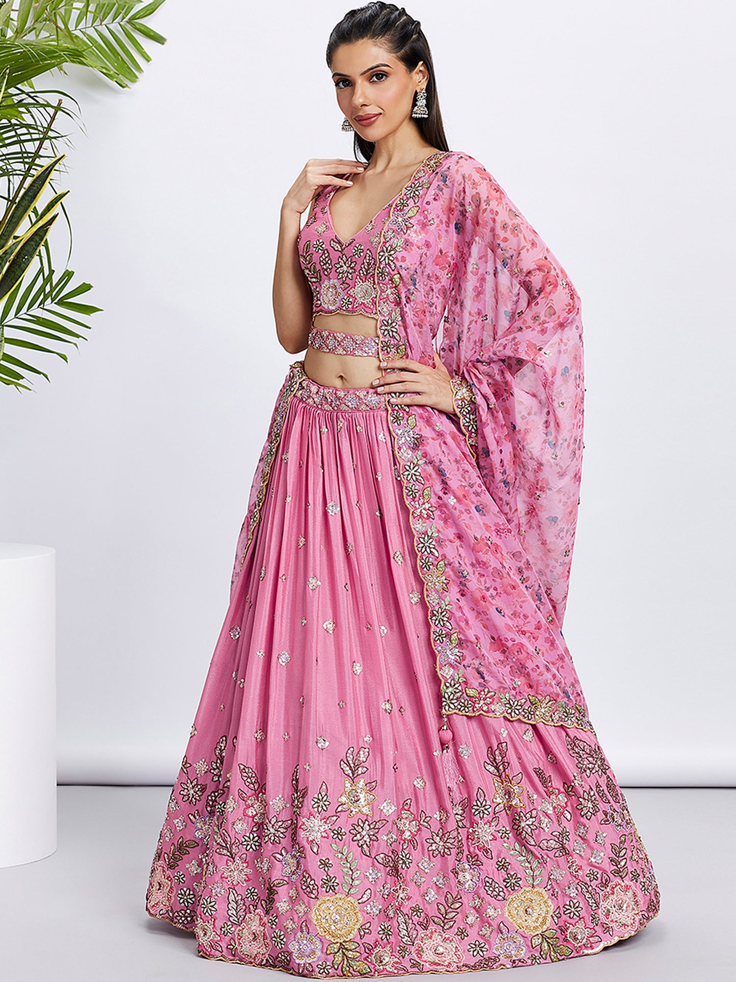 Pink Chiffon Sequins and thread embroidery Lehenga Printed Dupatta