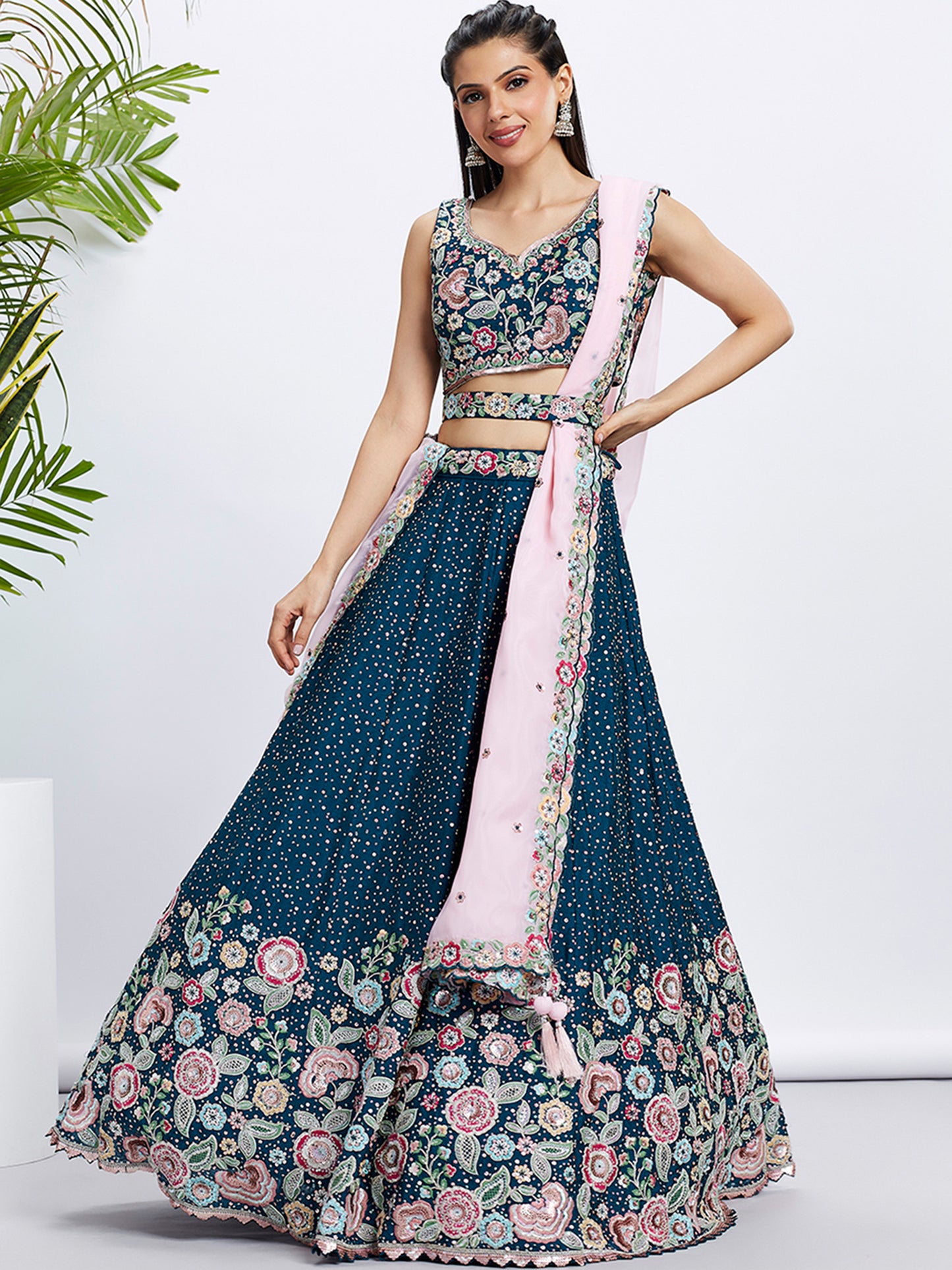 Navy blue Pure Chiffon Sequins and thread embroidery Lehenga choli