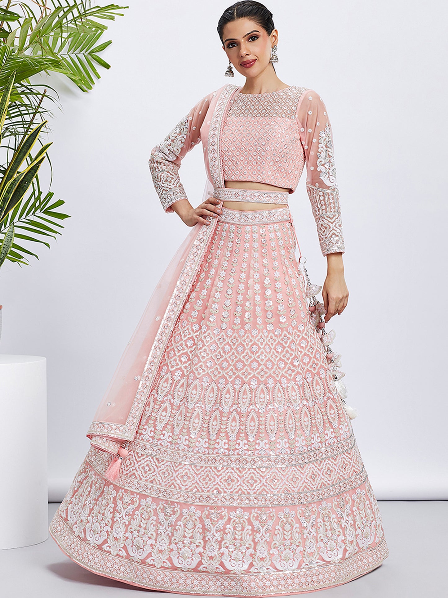 Coral Net Sequins and thread embroidery Lehenga choli