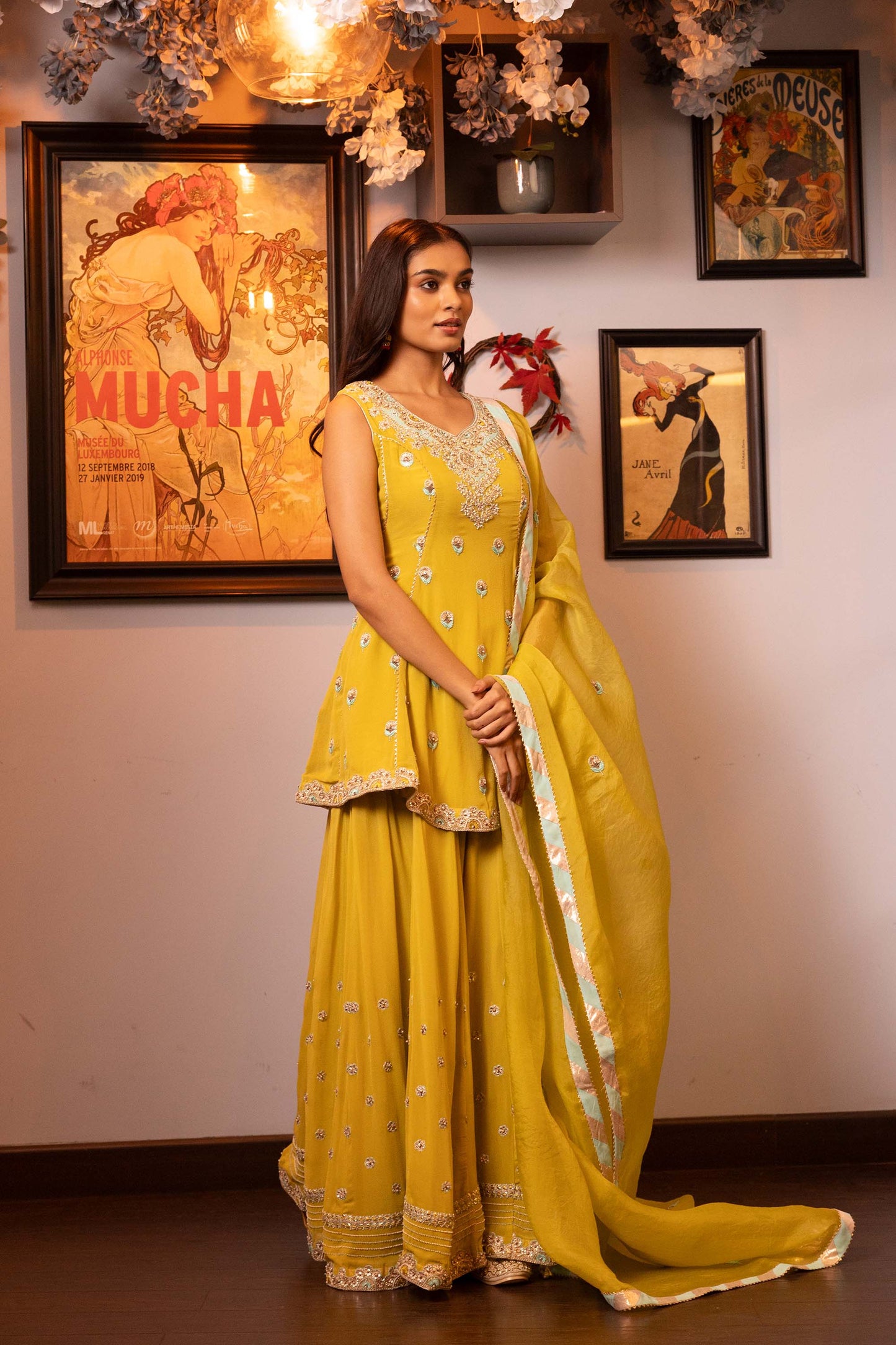 Glitterati Yellow Georgette Gotta Dori Mehendi Sharara