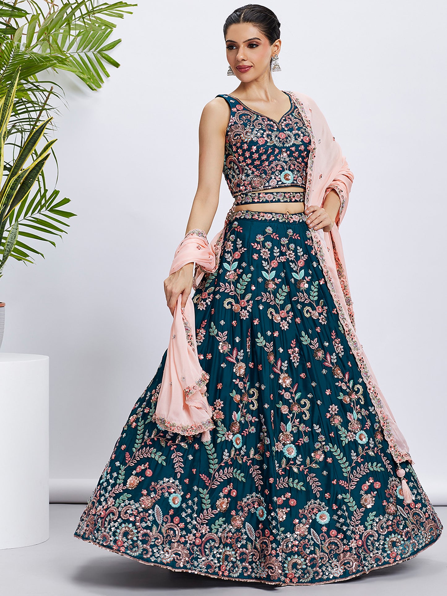 Teal Pure Georgette Sequins and thread embroidery Lehenga choli