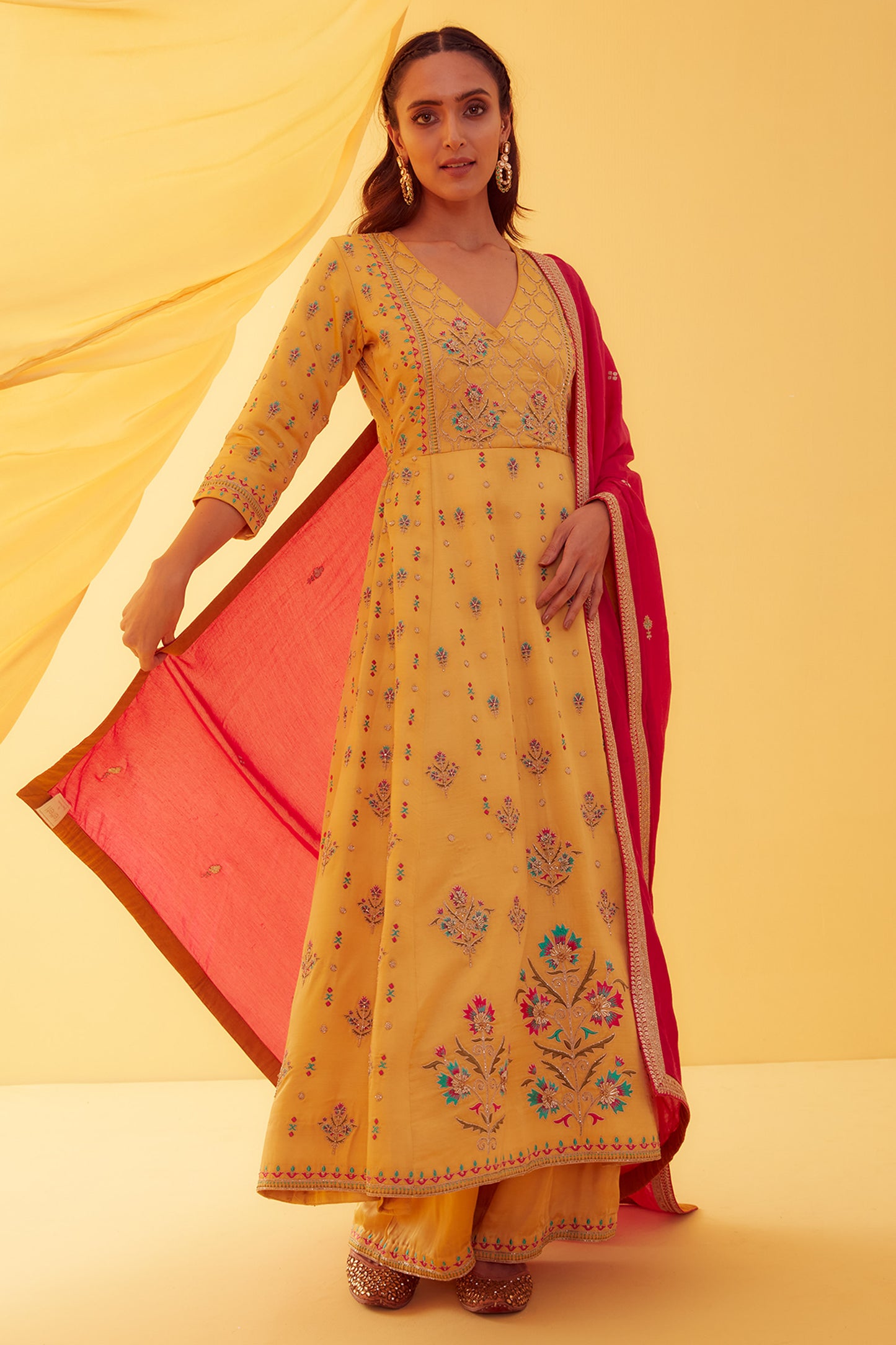 Canary Yellow Mughal Motifs Anarkali set - Aarambh