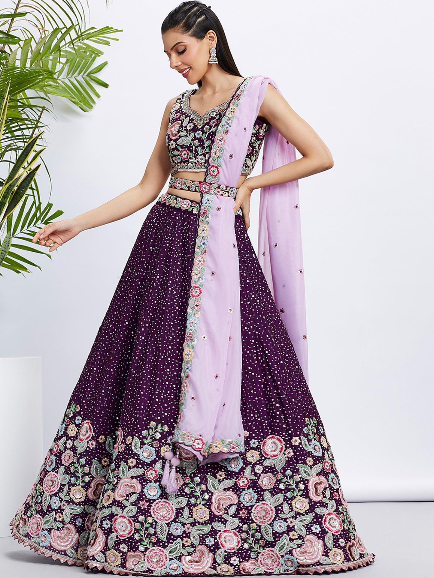 Purple Pure Chiffon Sequins and thread embroidery Lehenga choli