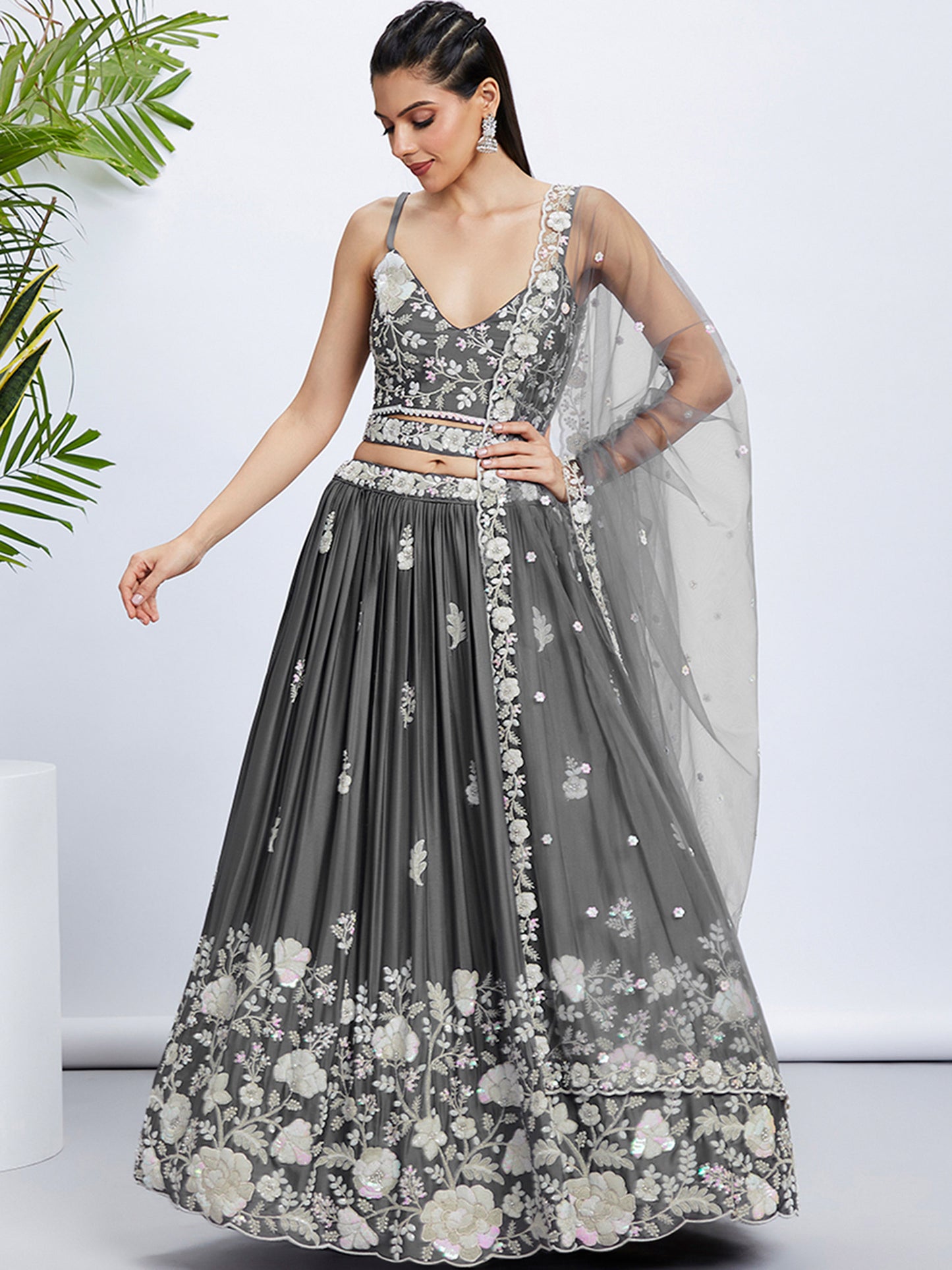 Grey Pure Georgette Sequins and thread embroidery Lehenga