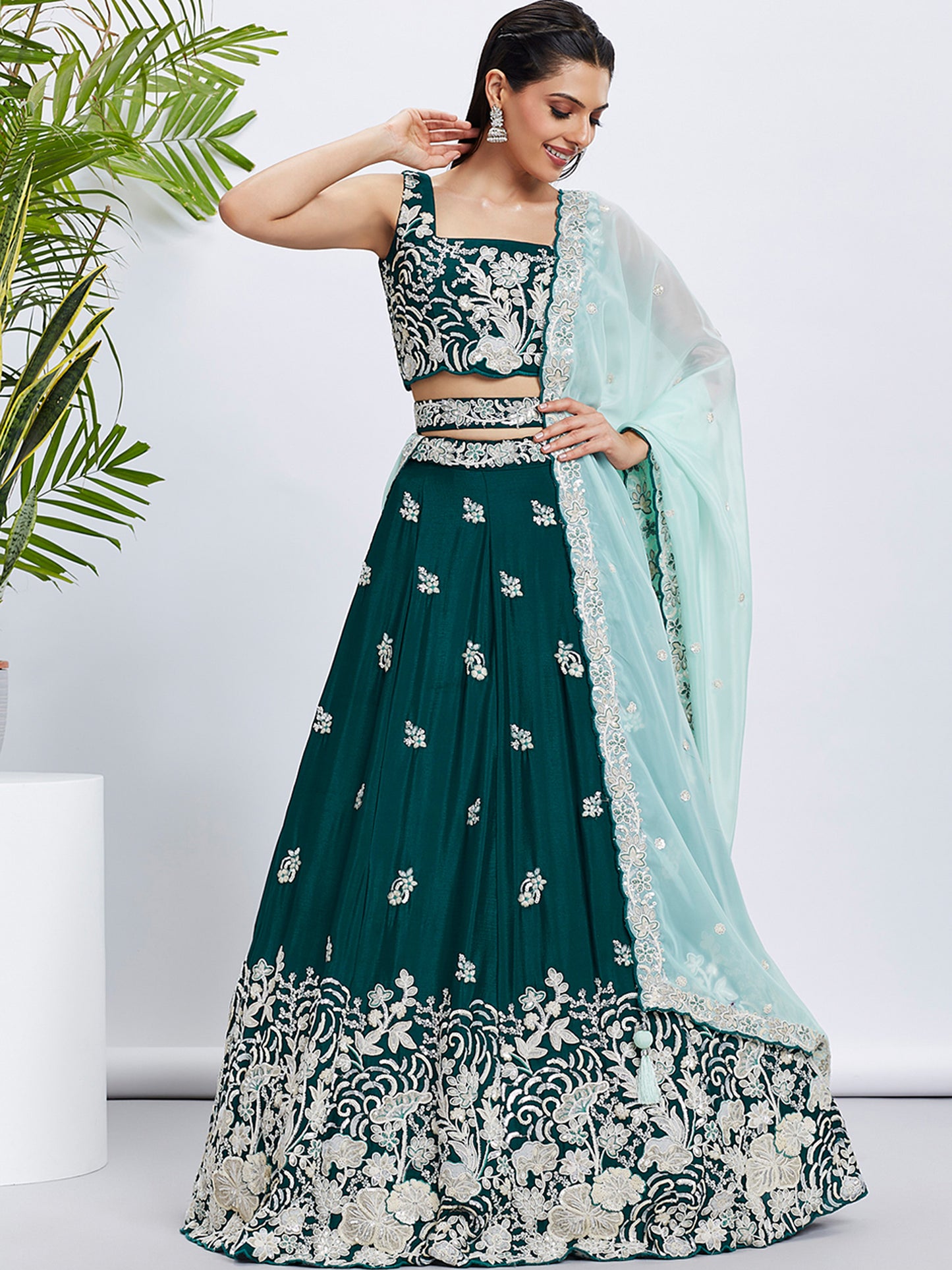 Green Pure Georgette Sequins and thread embroidery Lehenga choli