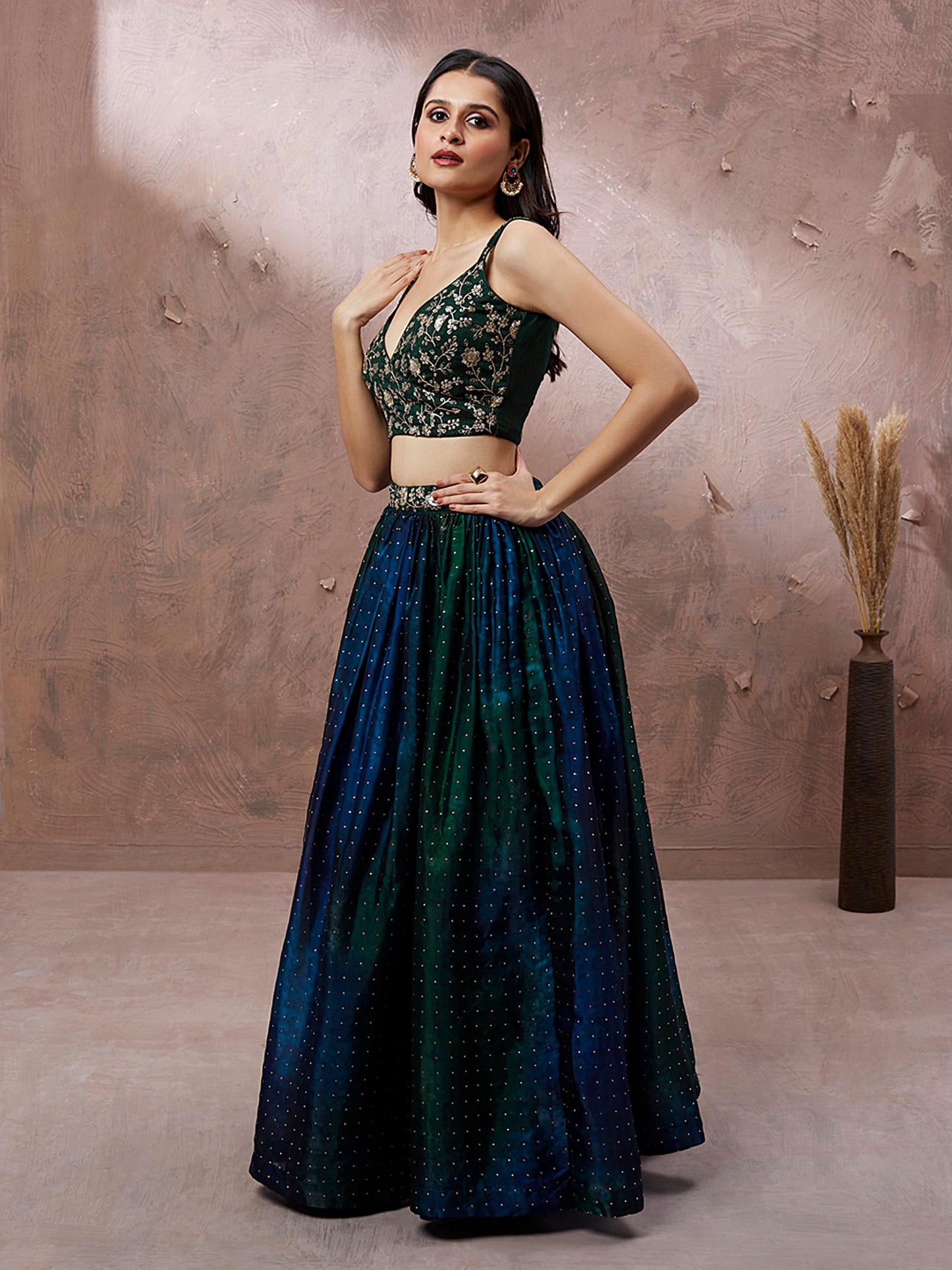 Teal Organza Digital Shibori Printed Lehenga