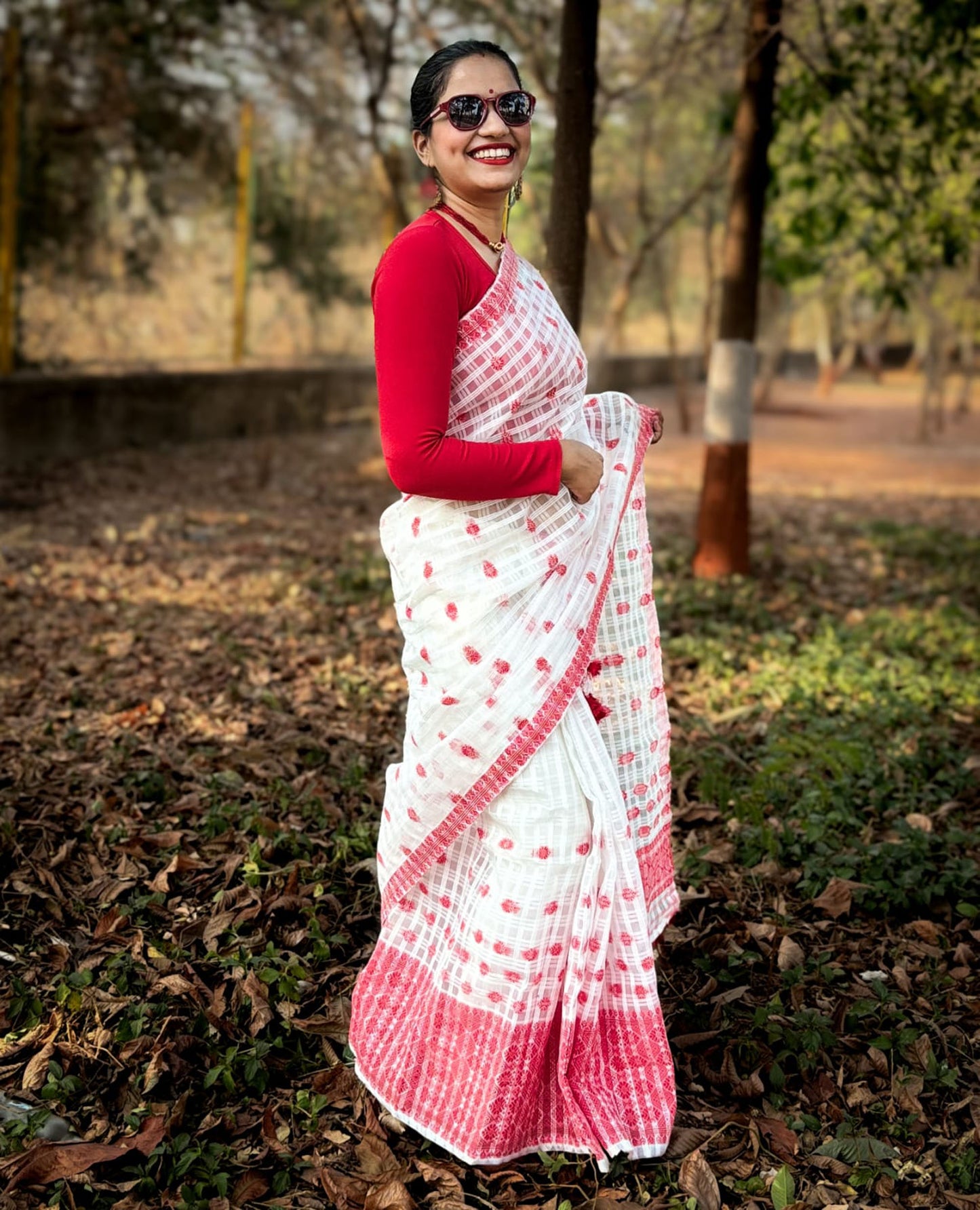 White checked cotton mekhela chador