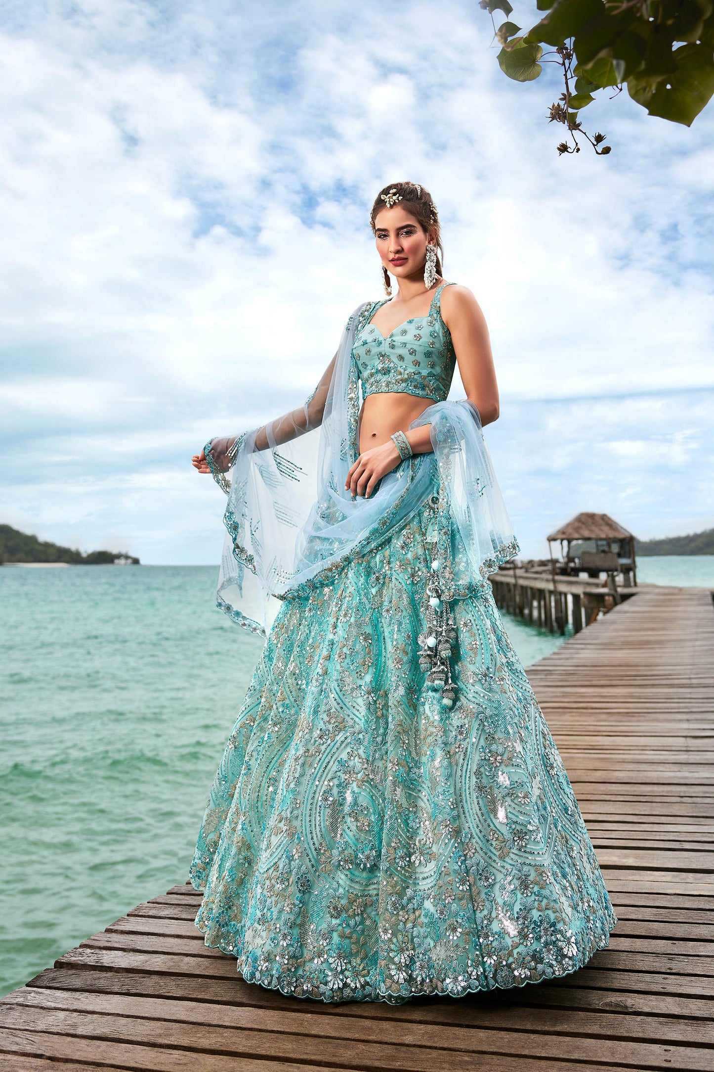 Turquoise Blue Net Sequins and Zarkan embroidery Lehenga