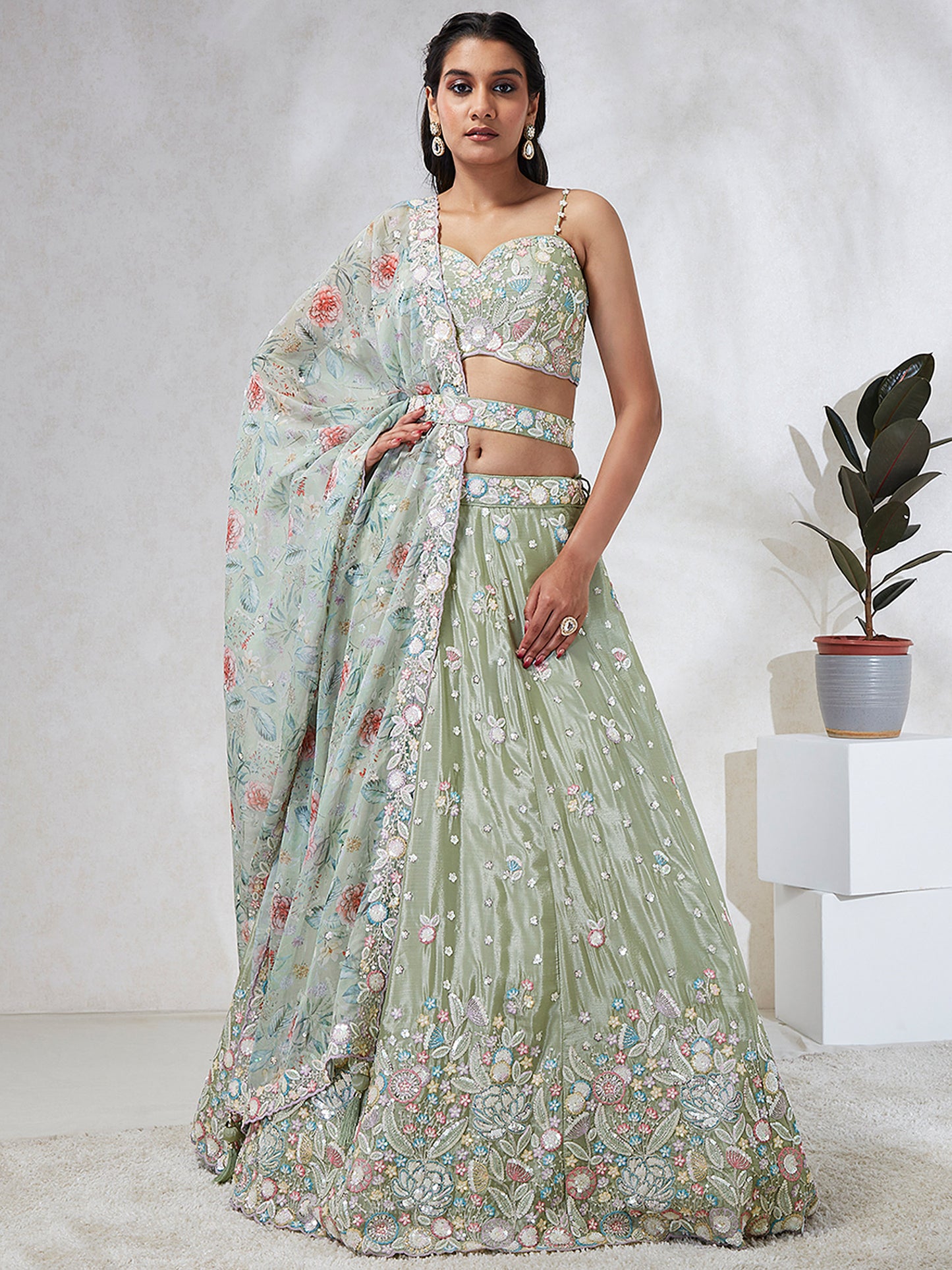 Lime green Chiffon Sequins and thread embroidery Lehenga