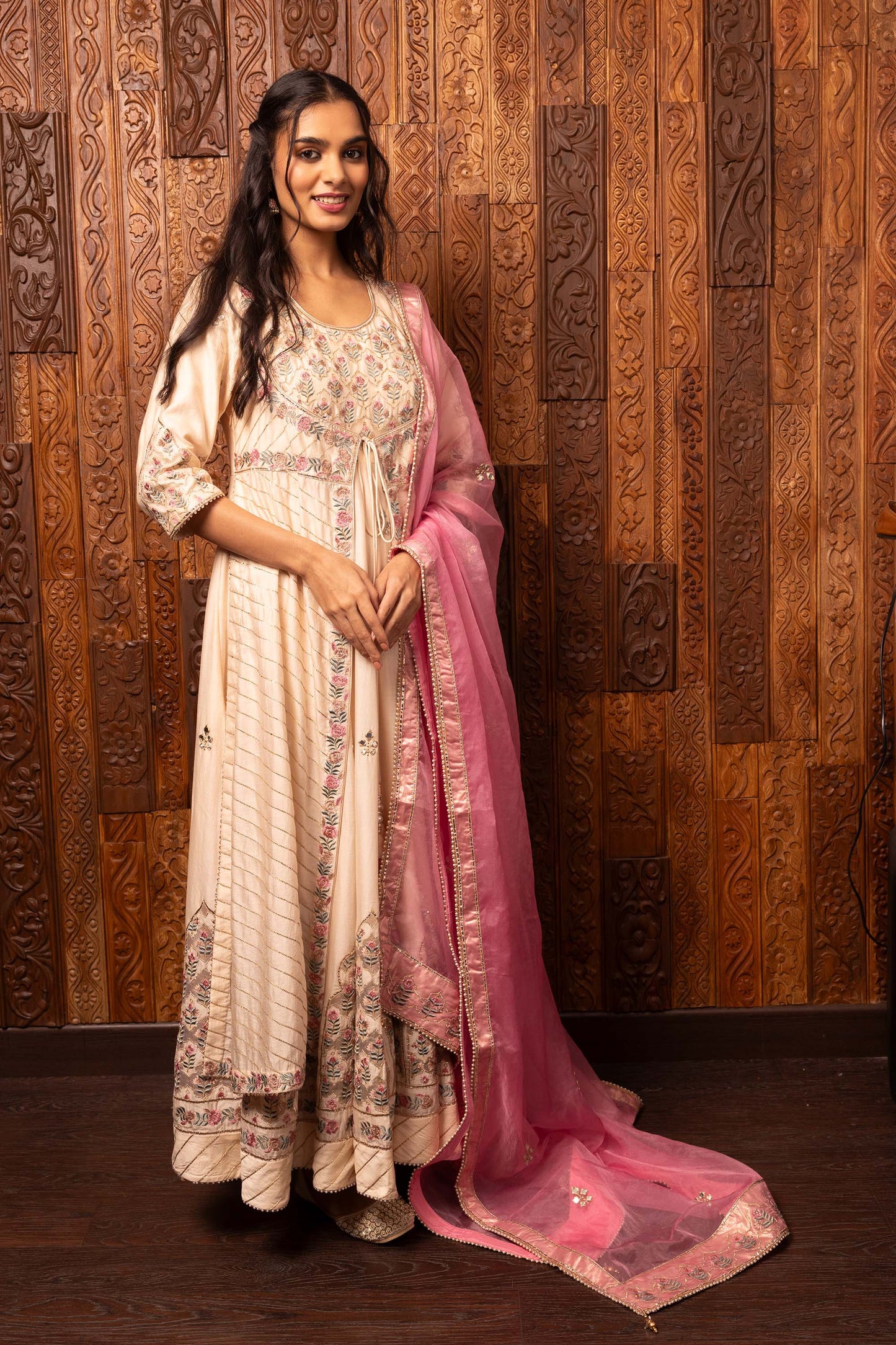 Tales of grace Beige Chanderi silk Embroidered Festive Anarkali