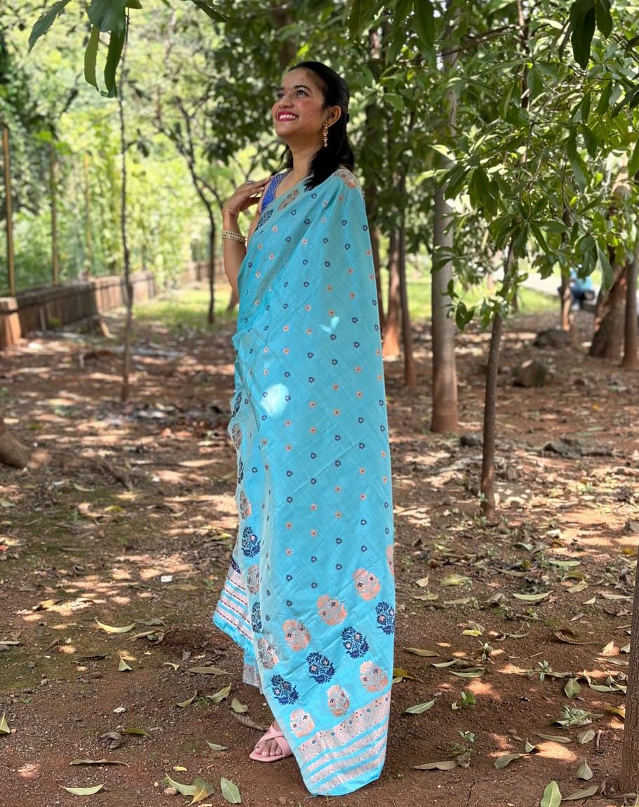 Devi Pratibha Blue Handloom Mekhela Chador saree