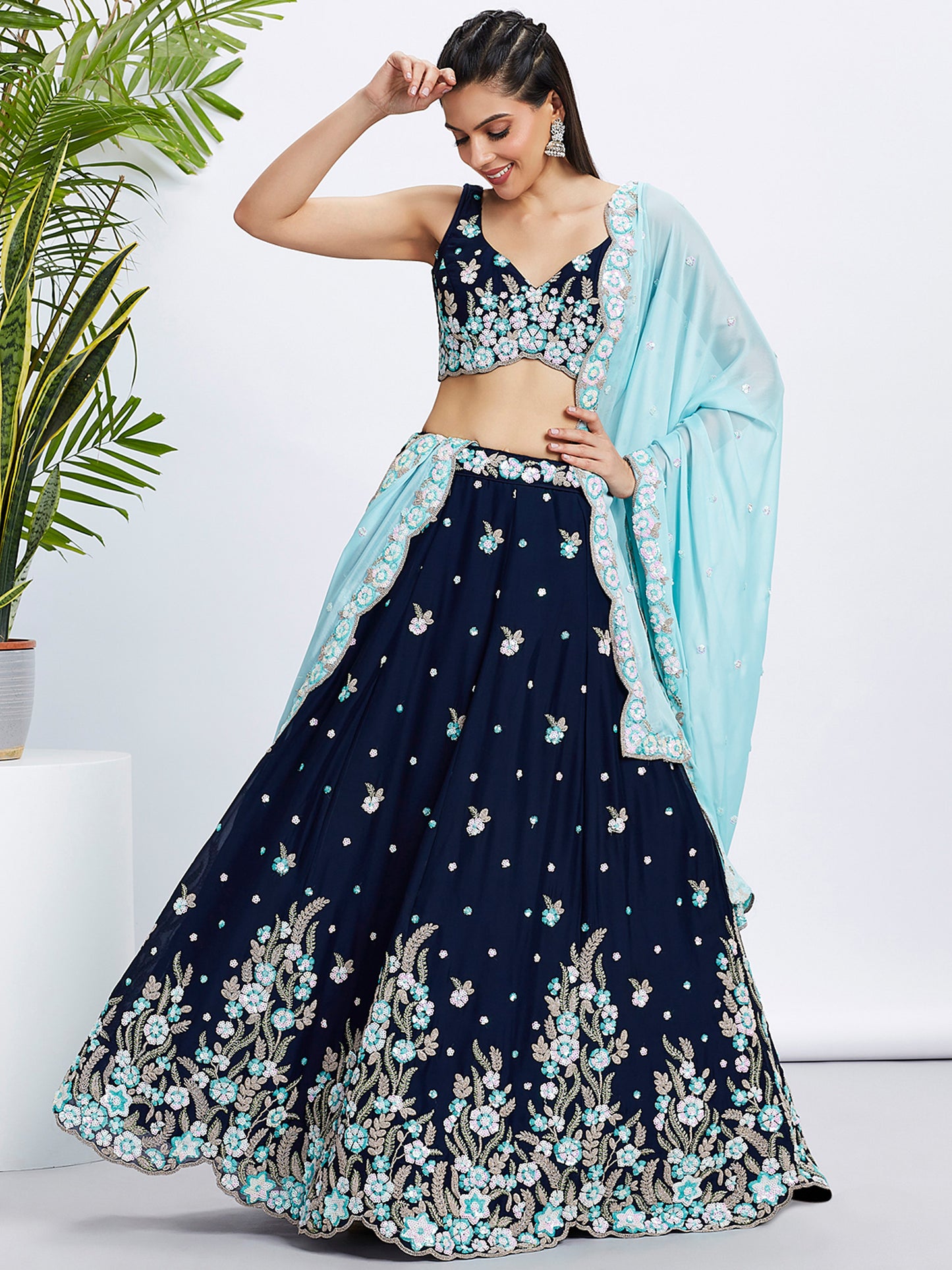 Navy blue Pure Grorgette Sequins and thread embroidery Lehenga choli