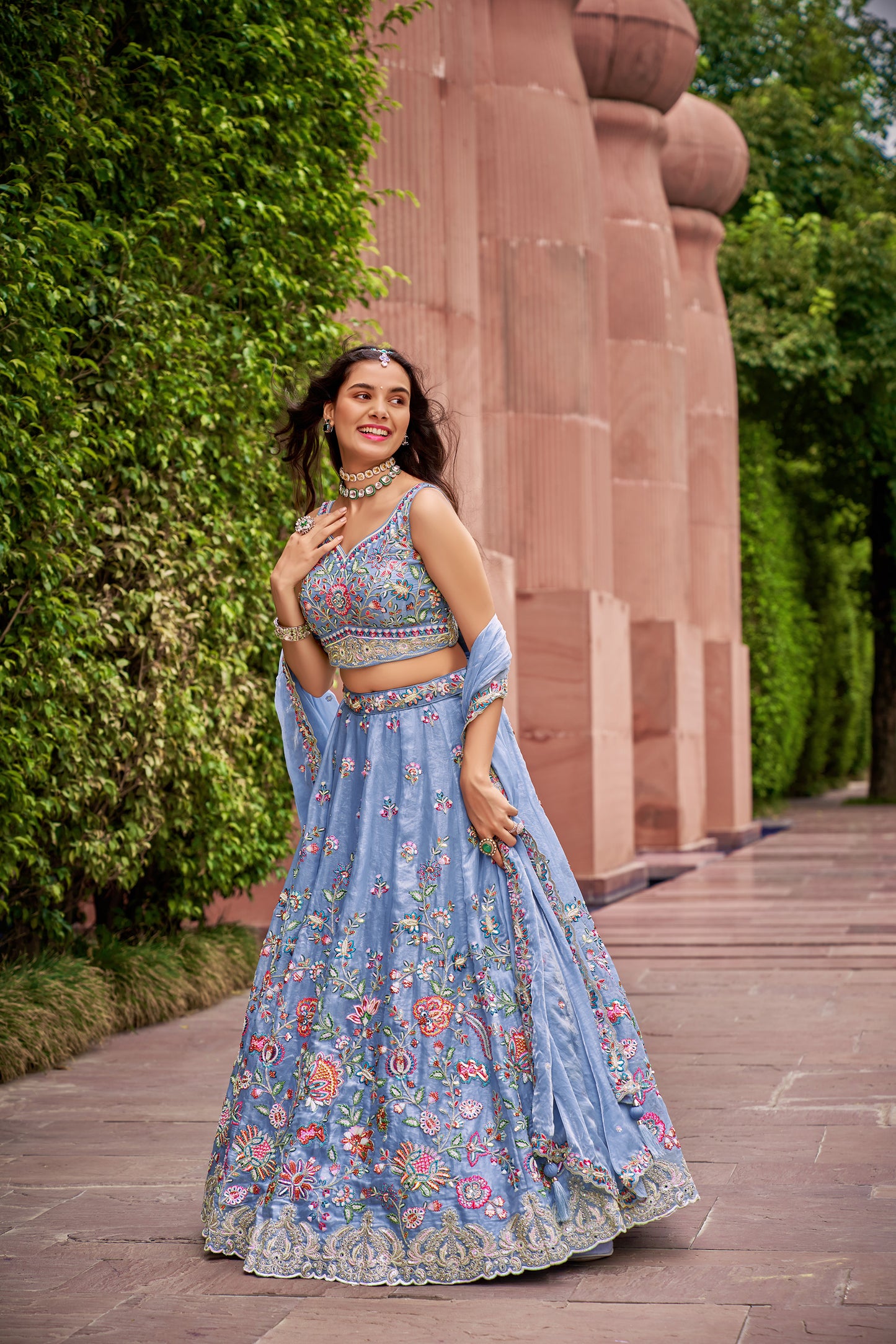 Turquoise Blue Organza Sequins & Mirror work Bridesmaid Lehenga set