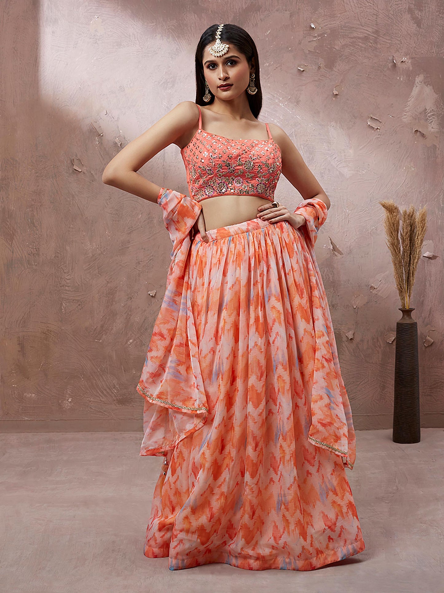 Peach Organza Floral Printed Lehenga choli & Dupatta