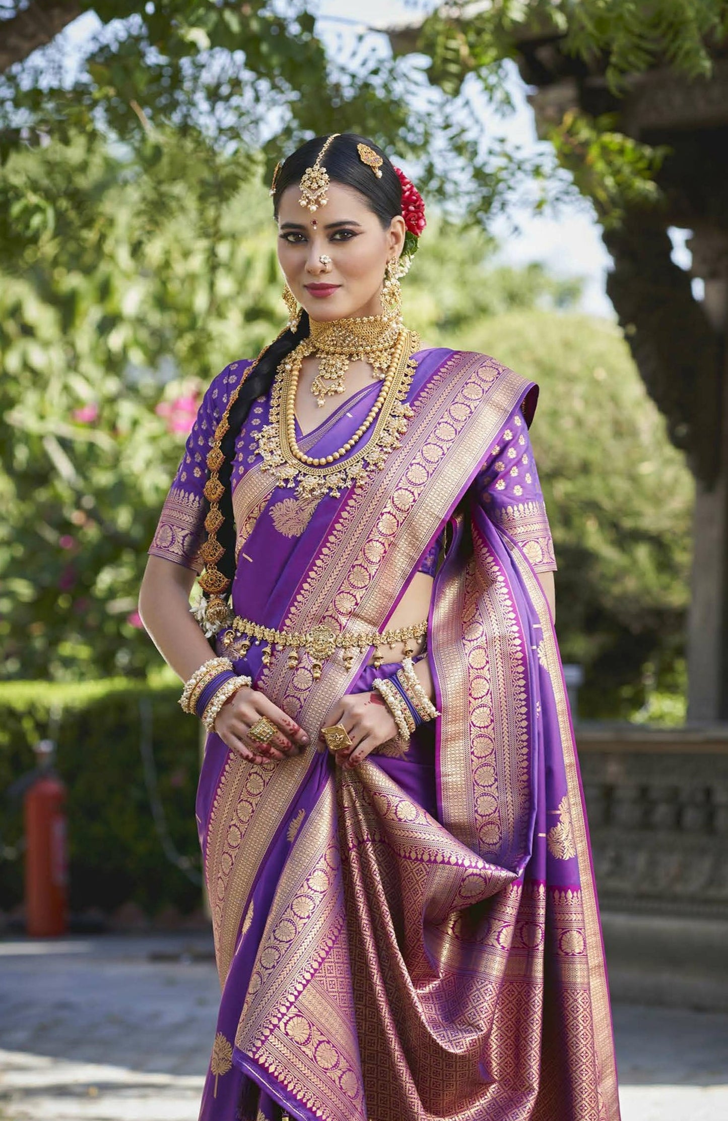 Purple Color Gold Zari Butta Silk Saree