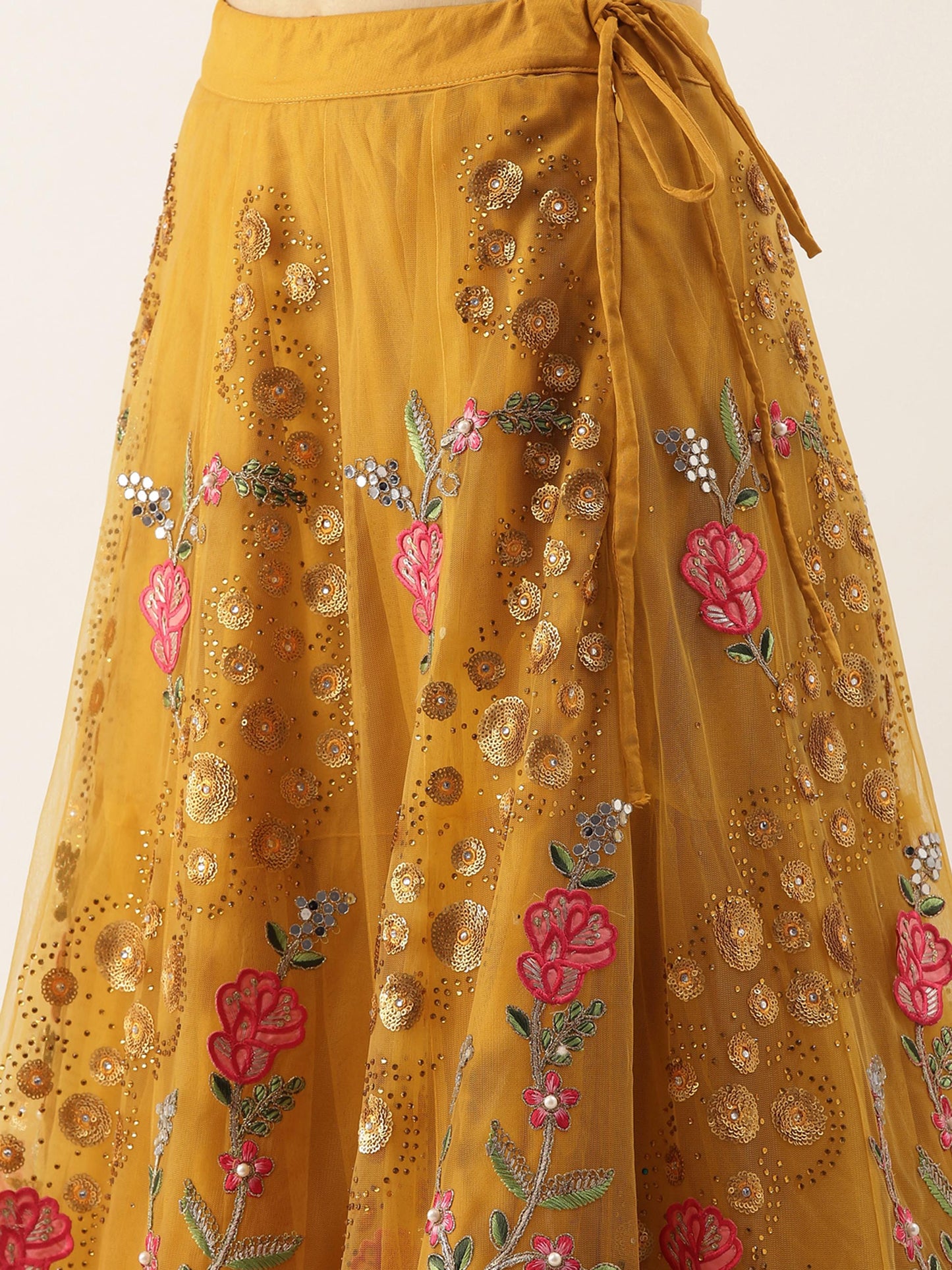 Mustard Net Semi stitched Coding, Sequins & Saroski Stone Work Lehenga Choli